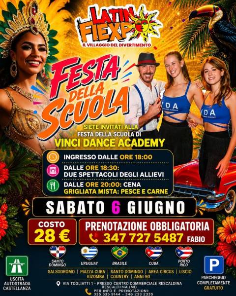 Locandina della festa della scuola: due spettacoli degli allievi, cena e grigliata