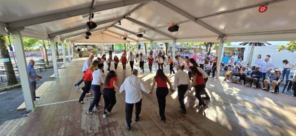 Decine di persone che ballano insieme sulla pista di un evento estivo all aperto