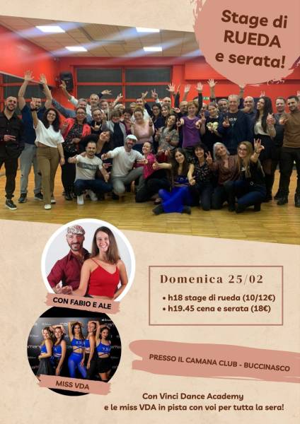 Locandina di uno stage di rueda con Fabio e Ale, seguito da cena e serata al Camana Club
