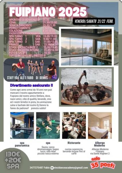 Locandina del weekend a Fuipiano: due giorni con spa panoramica, ristorante e albergo, organizzati dalla scuola